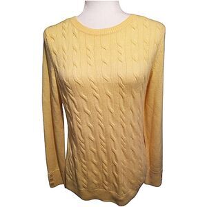 Talbots Sweater Lambswool Blend Button Cuff Cable Yellow Knit Size Medium